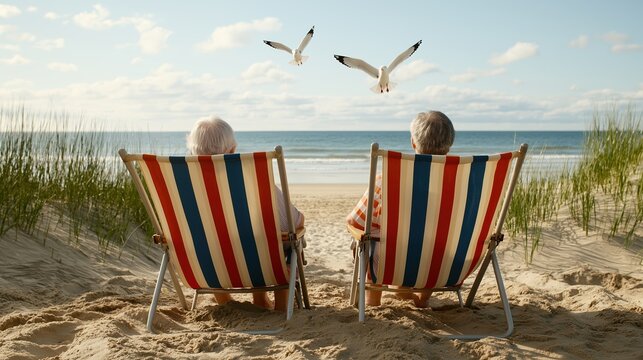 Two older people are sitting in beach chairs on a sandy beach. The chairs are striped and red, blue, and white. The birds are flying in the sky above the beach. The scene is peaceful and relaxing - Powered by Adobe