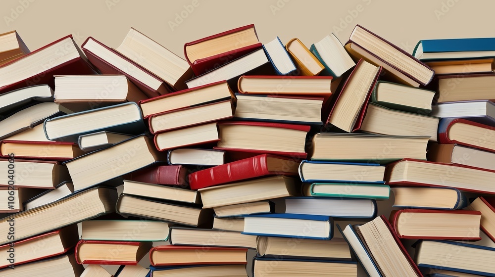 Poster pile of books with a variety of colors and sizes. the books are stacked on top of each other, creati