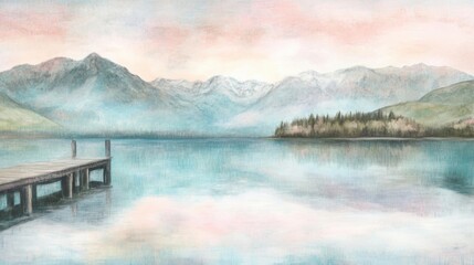 Peaceful lake dock at dawn, soft pastel colors reflecting in calm waters, mountains in the background