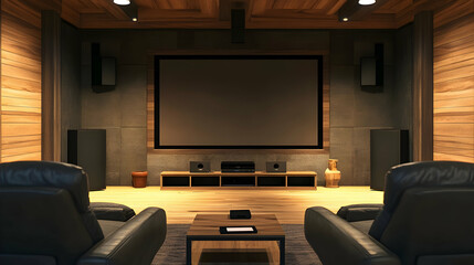 A home theater with an industrial aesthetic, concrete walls, minimalist lighting, and a large screen, creating a modern yet rugged entertainment space.


