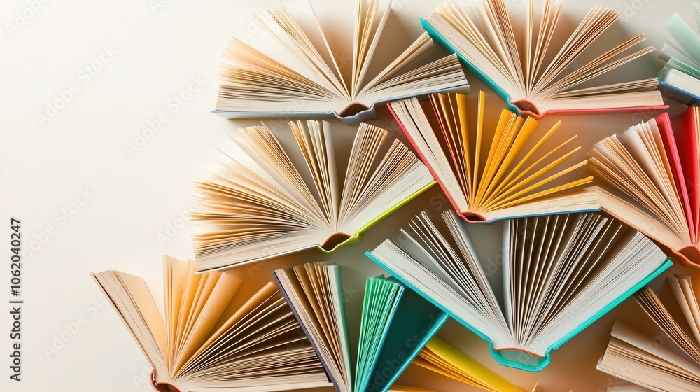 Leinwandbilder row of open books with different colors and sizes. the books are arranged in a way that they look li
