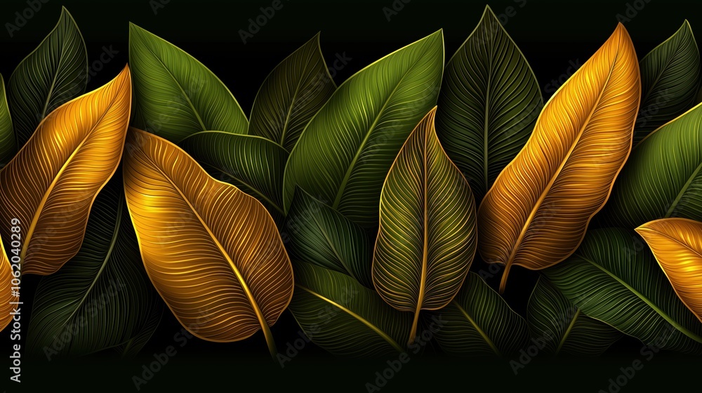 Poster row of leaves with some yellow and green ones. the leaves are arranged in a way that creates a sense