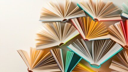 Row of open books with different colors and sizes. The books are arranged in a way that they look like they are leaning on each other. Concept of curiosity and exploration