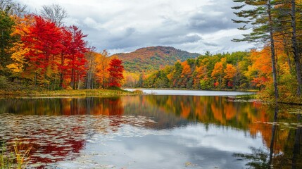 Obraz premium A picturesque autumn scene with vibrant red, orange, and yellow trees surrounding the tranquil lake