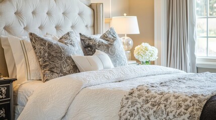 Luxurious bedroom interior with plush bedding and elegant accents