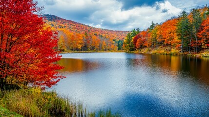 Naklejka premium A picturesque autumn scene with vibrant red, orange, and yellow trees surrounding the tranquil lake