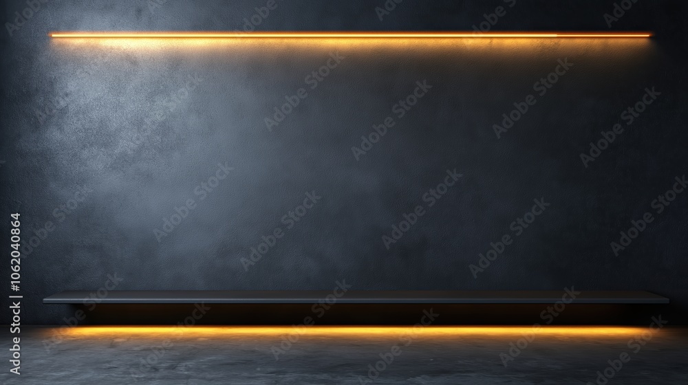 Poster black wall with a shelf and a yellow line. the shelf is empty. the wall is made of concrete and has 