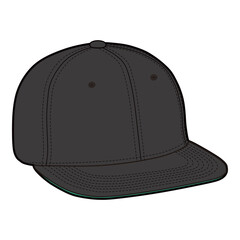 Three-quarter view of black flat-brim cap with eyelets, button top, and structured panel stitching.
