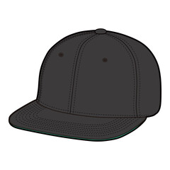 Angled front view of black flat-brim cap with button top, structured stitching, and ventilation eyelets.
