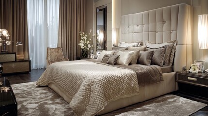 Luxurious bedroom interior with plush bedding and elegant accents