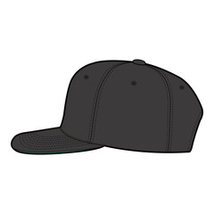 Side view of a black flat-brim cap with button top and eyelets, featuring structured stitching.
