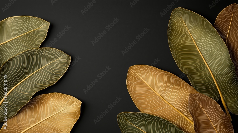Poster black background with a row of leaves on it. the leaves are gold and green. the leaves are arranged 