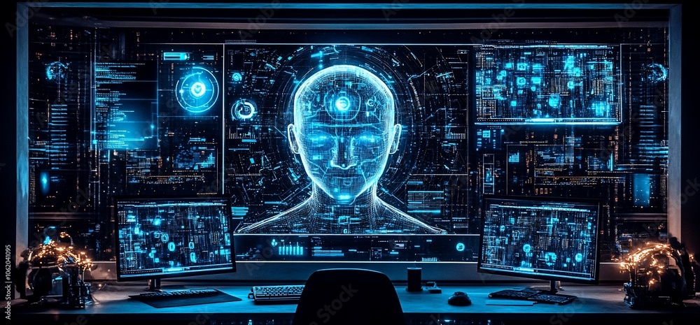Poster A futuristic computer desk with a large monitor displaying a digital representation of a human head,