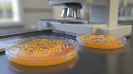Petri dishes with bacteria cultures placed on a lab bench under a microscope, 3D details highlighting precision
