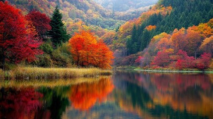 Fototapeta premium A picturesque autumn scene with vibrant red, orange, and yellow trees surrounding the tranquil lake