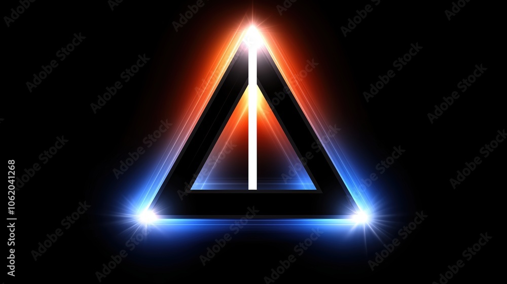 Poster triangle with a red and blue light shining on it. the triangle is lit up and has a white line in the