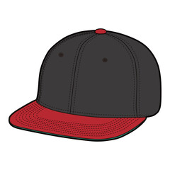 Angled front view of black cap with red flat brim, showing detailed stitching and button top.
