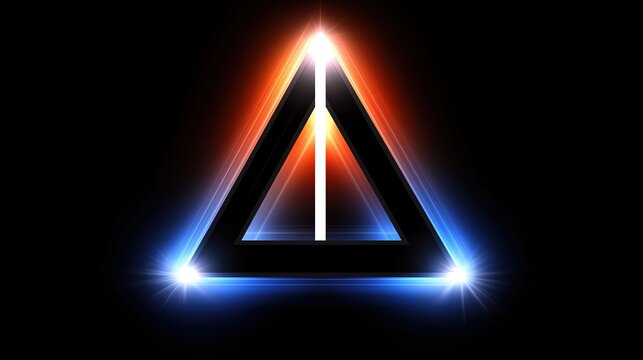 Triangle with a red and blue light shining on it. The triangle is lit up and has a white line in the middle