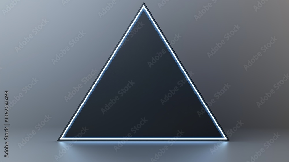 Poster black triangle with a blue light shining on it. the triangle is in a room with a gray background