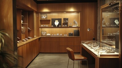 Modern Jewelry Store Interior with Sleek Design and Elegant Display Cases
