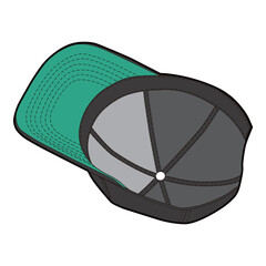 Bottom view of black cap with green under brim, showing inside panel and stitching.
