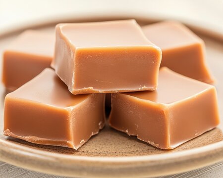 Sweet Indulgence: A close-up shot of smooth, rich caramel fudge squares, capturing the warm, inviting texture and tempting appeal of this classic confection.  