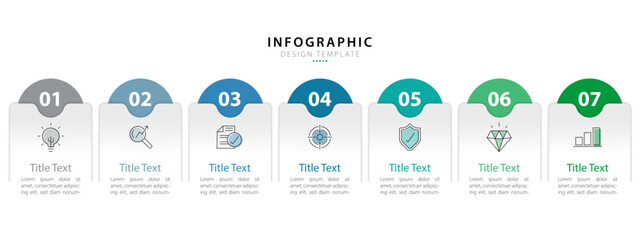 Timeline infographic template. 7 Step timeline journey, calendar Flat simple infographics design template. presentation graph. Business concept with 7 options, vector illustration.