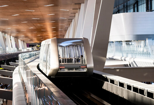 Automatic People Mover in Terminal 1 of Doha Hamad International Airport. The airport is opened in 2014 and is the hub of Qatar Airways in DOHA, QATAR on SEP 12, 2019