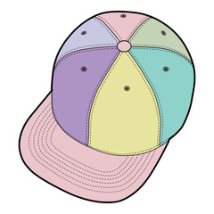Top angled view of colorful six-panel baseball cap with pastel colors and stitching details in flat illustration.
