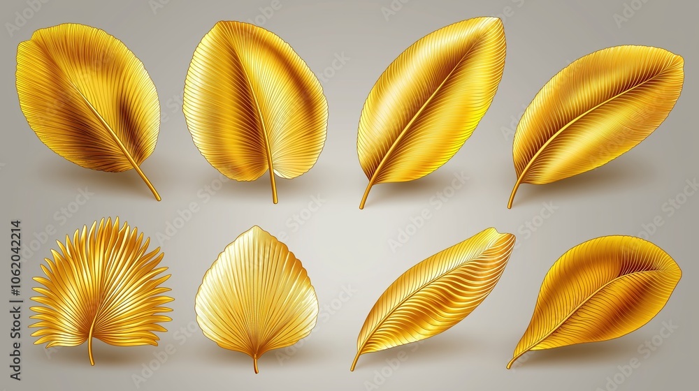 Poster set of gold leafy plants with different shapes and sizes. the leaves are all gold and are arranged i