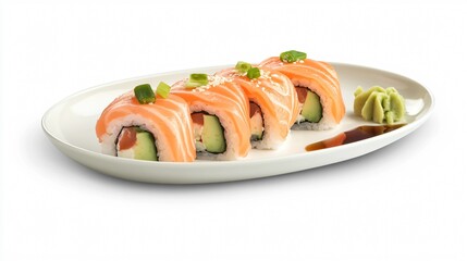Fresh Salmon Sushi Rolls on a White Plate