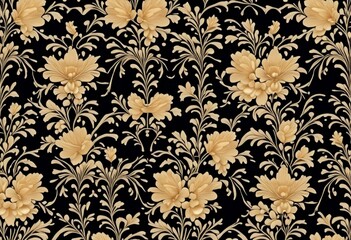 Fototapeta premium Seamless pattern with gold flowers on a black background. 
