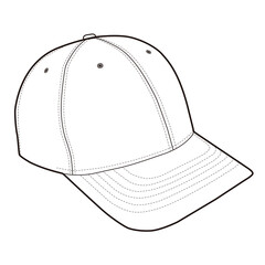 Angled front view of plain six-panel baseball cap with curved visor in minimalist line art.
