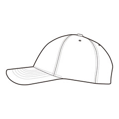 Angled side view of plain six-panel baseball cap with curved visor and detailed stitching in line art.
