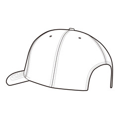 197.Back angled view of plain six-panel baseball cap with open back and curved visor in line art.
