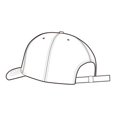 Back angled view of plain six-panel baseball cap with adjustable strap and open back in line art.

