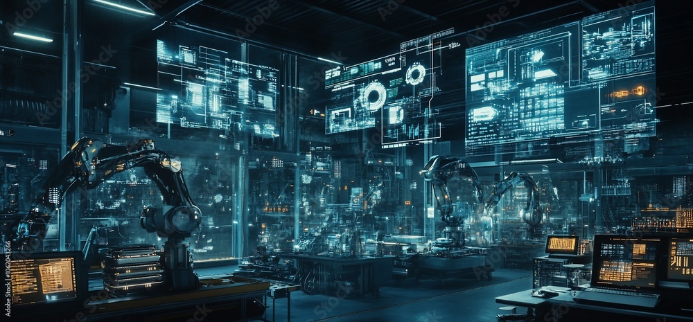Leinwandbilder A futuristic factory with robots working on an assembly line and digital displays showing data.