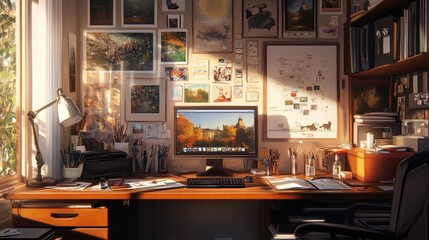 A creative workspace with art supplies and digital tools