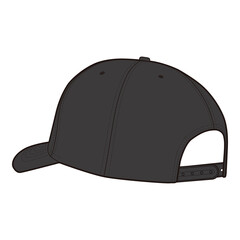 Back angled view of black six-panel baseball cap with adjustable snapback closure in flat illustration.
