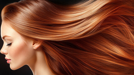 Fototapeta premium A profile view of a woman with flowing, vibrant red hair, showcasing the beauty and movement of long, luxurious locks against a dark background.