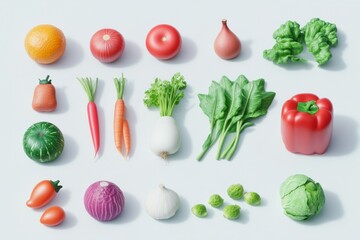 Cartoon anime style top view set of vegetables on white background