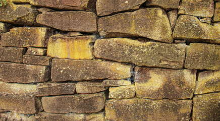 Different Size Flat Stone Wall, Green Moss On Stones, Warm Texture Background, Warm Texture, Cobblestone Wall