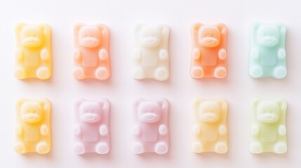 Gummy bear candies, in the shape of gummy bears, in various colors, on a white background