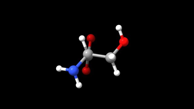 Structure of the amino acid DL-serine Animated 3D ball-and-stick and space-filled models, black background.