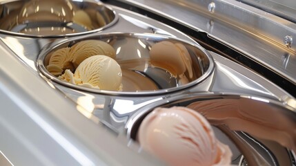 Creamy vanilla ice cream being dispensed into a cone from an ice cream machine, soft focus on the main subject, clean and simple composition with ample copy space.