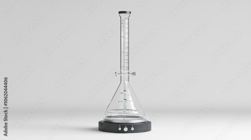 Poster realistic 3d burette stand with dripping solution into a conical flask, capturing lab precision and 