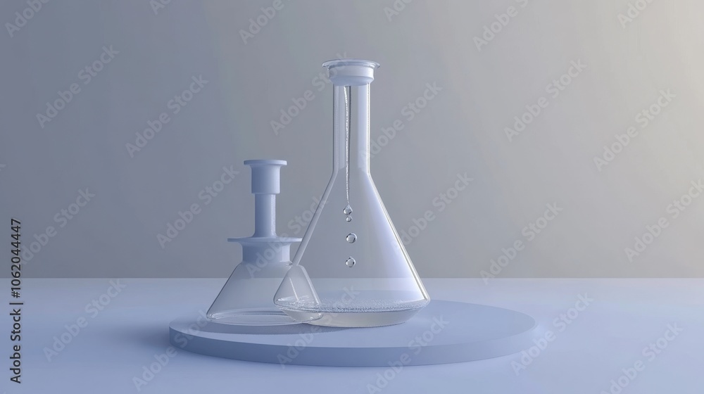 Poster realistic 3d burette stand with dripping solution into a conical flask, capturing lab precision and 