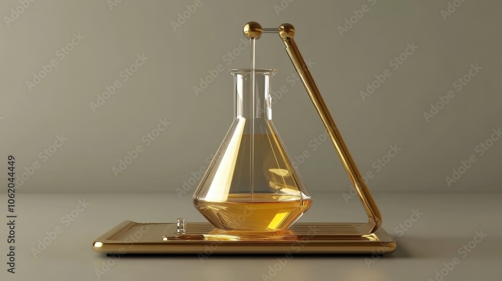 Poster realistic 3d burette stand with dripping solution into a conical flask, capturing lab precision and 