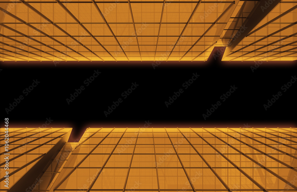 Poster abstract perspective of modern skyscraper with glowing orange grid against a black background, highl