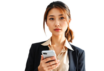 Smiling young woman holding smartphone.	